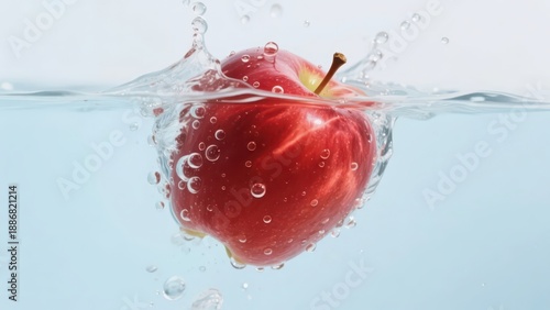 A bright red apple plunges into clear water, creating lively splashes and bubbles, showcasing the plump texture and refreshing vitality of the fruit against a light blue background.