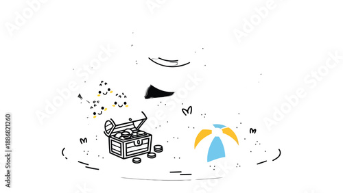 Treasure Island on Beach: A playful illustration depicts a treasure chest overflowing with gold coins, a whimsical beach ball, and scattered sand, evoking the spirit of adventure and discovery.