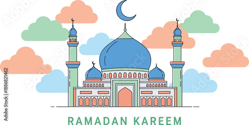 Ramadan Kareem mosque illustration, blue domes, crescent moon, minarets, pastel clouds, Islamic architecture, spiritual celebration, vibrant layout - flat vector illustration