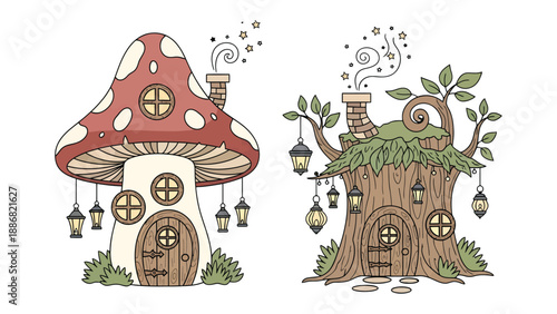 Whimsical Homes: Two charming illustrations capture the essence of fairytale dwellings, a mushroom and a tree house, evoking a sense of wonder and enchantment.