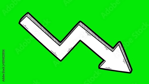 animated hand drawn style arrow showing a downward trend or decrease. 2d doodle sketch with black outlines and white fill on green screen chroma key background for finance and crisis videos