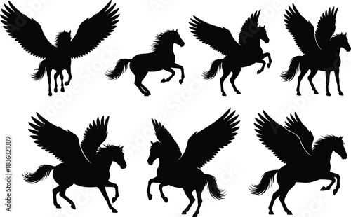 Pegasus winged horse silhouettes set, flying mythical horses with spread wings, black vector illustration for fantasy mythology design and storytelling projects art concepts
