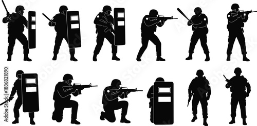 Police riot control and tactical officer silhouette set showing shield, rifle, and baton action poses, isolated on white background, flat vector illustration for security design use