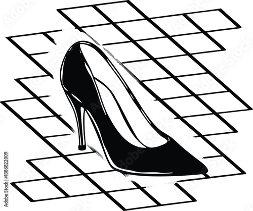 A high-heeled shoe is presented in a vector graphic style, positioned in the center of the image and oriented diagonally from lower left to upper right. The shoe is a classic pump design with a pointe