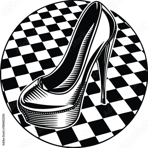 A high-heeled shoe is presented in a vector graphic style, positioned in the center of the image and oriented diagonally from lower left to upper right. The shoe is a classic pump design with a pointe