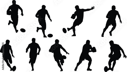 Rugby players silhouettes set in dynamic running kicking passing poses, black vector illustration for sports training competition teamwork and athletic gameplay concepts