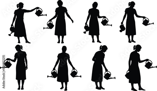 Set of female gardener silhouettes holding watering cans, black vector illustrations collection of people showing agriculture, planting, and gardening activities isolated on white background