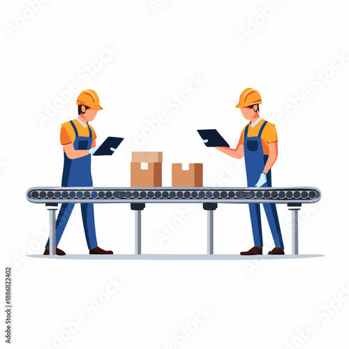 Production Line Inspection: Two diligent workers oversee the quality control process on a factory production line, diligently inspecting packages for adherence to quality standards.