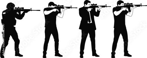 Silhouette lineup of armed men aiming rifles, tactical soldier and civilians, security threat concept, law enforcement, military defense, combat readiness isolated on white