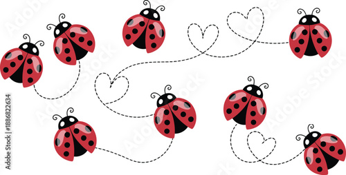 Adorable ladybugs flying in heart shapes on white background