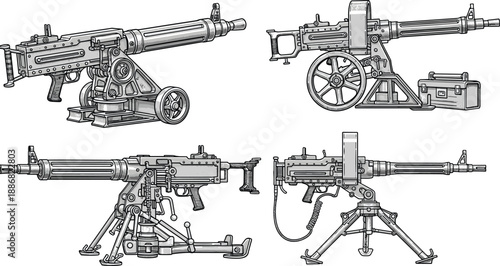 Detailed vintage machine gun illustrations set with mounted heavy firearms, technical line art weapon designs isolated on white background for military and historical projects