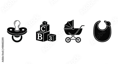 A pacifier, building blocks, a baby carriage, and a bib are displayed.