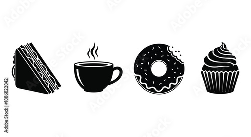 A sandwich, coffee cup, donut, and cupcake are shown in a row.