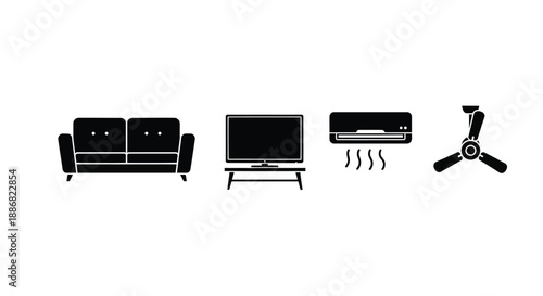 Icons of household furniture and appliances are displayed on a white background.
