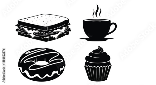 A sandwich, coffee cup, donut, and cupcake are displayed in a graphic illustration.