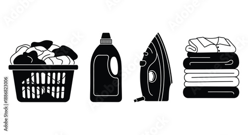 A laundry basket, detergent bottle, iron, and folded clothes are depicted.
