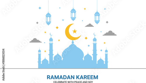 Ramadan Kareem mosque illustration, crescent moon, stars, lanterns, clouds, blue and yellow palette, spiritual celebration layout - flat vector illustration