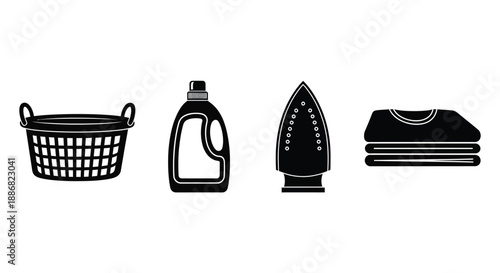 A laundry basket, detergent bottle, iron, and folded clothes are depicted.