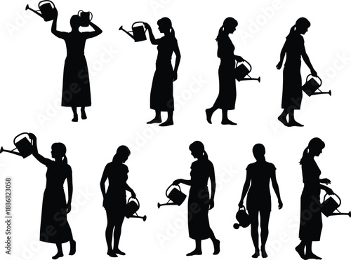 Women gardening silhouettes set with watering cans in daily poses, black vector illustration for lifestyle, agriculture, nature care and domestic activity concepts