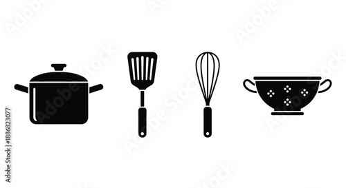 A collection of kitchen utensils including a pot, spatula, whisk, and colander.