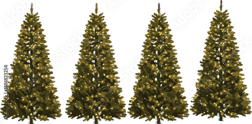 Four decorated Christmas trees with glowing lights isolated on white background, festive evergreen illustration for winter holiday design, greeting cards, and seasonal branding