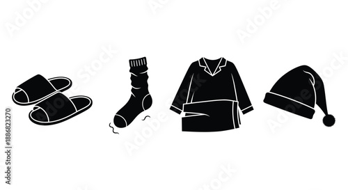 A pair of slippers, a sock, pajamas, and a nightcap are displayed against a white background.