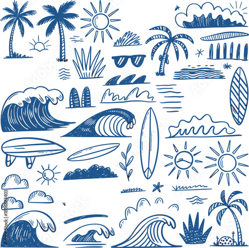 Hand-drawn beach doodles, blue ink icons, palm trees, waves, surfboards, sun, clouds, starfish, summer vacation, tropical vector design