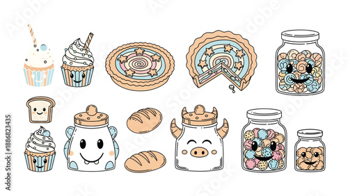Sweet Delights Collection: A delightful illustration showcases a collection of sweet treats, from cupcakes and pies to jars of candies, each with their own unique personality and charm.