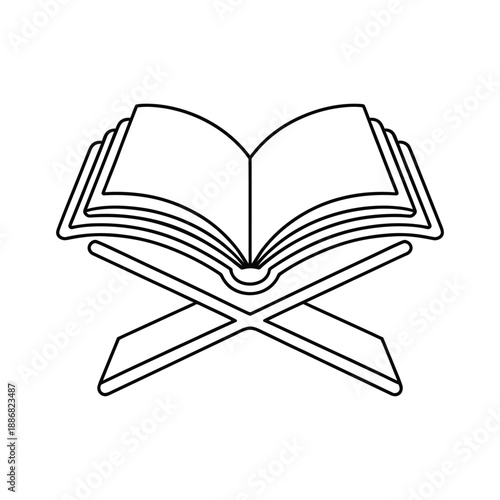 An open book on a stand: a simple black and white illustration