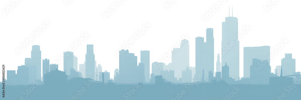 Fototapeta premium Wide view of a blue-toned cityscape silhouette, showcasing a dense collection of diverse buildings and skyscrapers, suggesting a vast and thriving urban environment.