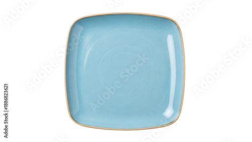 Isolated light blue plate with golden trim, modern dishware, serving plate for kitchen