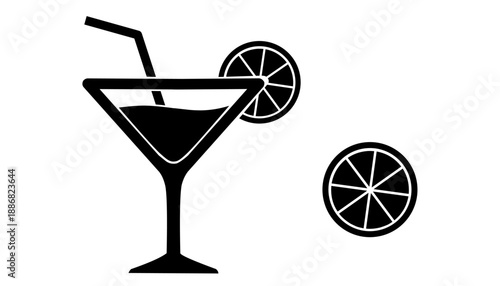 Cocktail Glass Icon Black Silhouette Lemon Flat Illustration Isolated