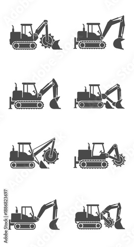 Powerful Industrial Excavator And Digger Machine Icons Set For Construction Projects