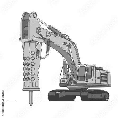Powerful Industrial Excavator Hydraulic Breaker Demolition Machine Line Art Illustration Vector