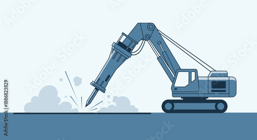 Powerful Industrial Excavator With Hydraulic Breaker Actively Demolishing Concrete Surface