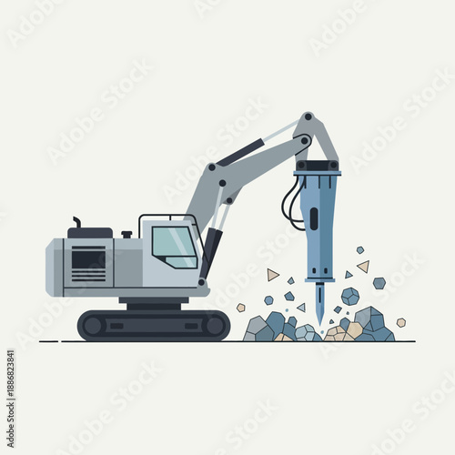 Powerful Industrial Excavator With Hydraulic Breaker Demolishing Hard Material Efficiently On Site