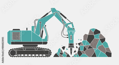 Powerful Industrial Excavator With Hydraulic Breaker Demolishing Rock Pile On Site