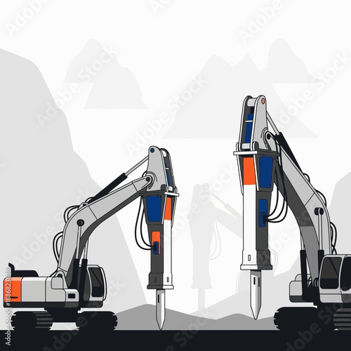 Powerful Industrial Excavators With Hydraulic Breakers At A Construction Site Flat Vector