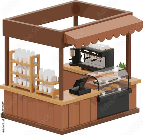 Isometric coffee shop kiosk illustration with espresso machine, cups, pastry display and cashier counter, cozy café stand concept isolated on white background for food and beverage business designs
