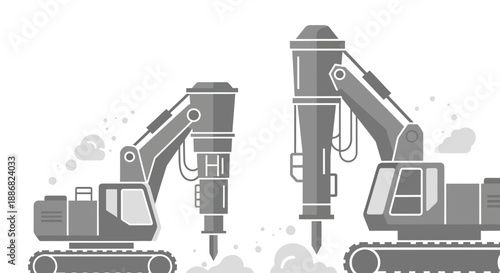 Powerful Industrial Heavy Machinery Hydraulic Breakers Operating Construction Site