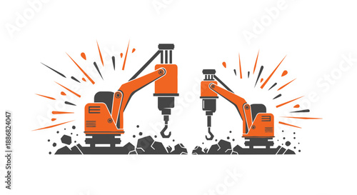 Powerful Heavy Industrial Equipment Operating On Construction Ground Impact Vector Artwork