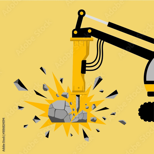 Powerful Hydraulic Breaker Arm Crushing Hard Material In Construction Zone