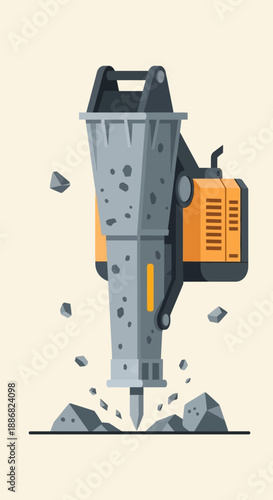 Powerful Industrial Jackhammer Breaking Concrete Surface Creating Debris And Dust