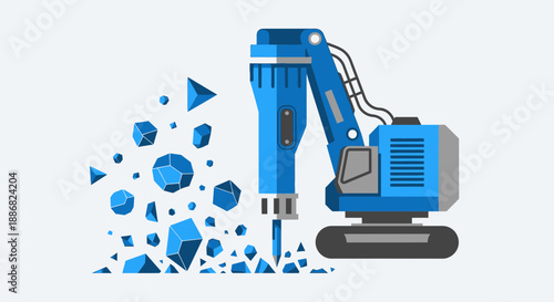 Powerful Hydraulic Breaker Demolishing Abstract Geometric Shapes Vector Art Illustration