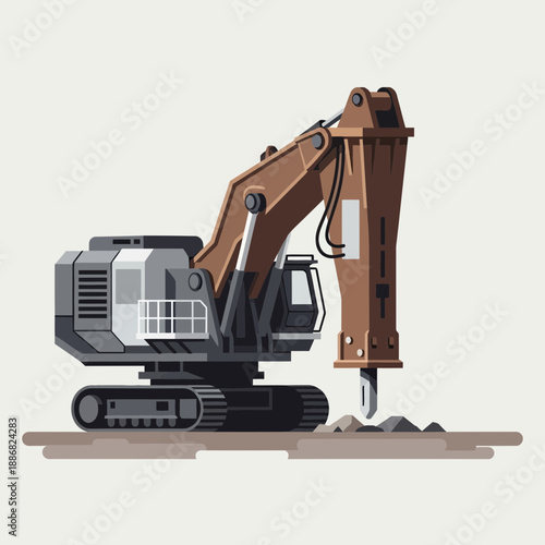 Powerful Hydraulic Breaker Excavator Breaking Ground Construction Site Vector Art Illustration