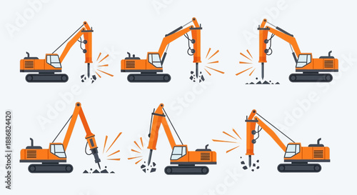 Powerful Hydraulic Breaker Excavator Icons Set For Construction Demolition Projects Work
