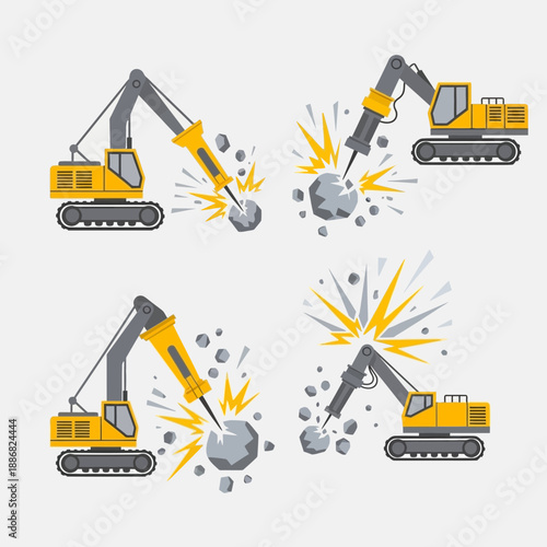 Powerful Hydraulic Breaker Excavator Working On Construction Site With Explosive Impact