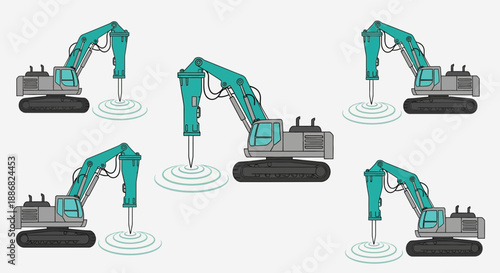 Powerful Hydraulic Breaker Excavators Creating Dynamic Construction Pattern Vector Illustration