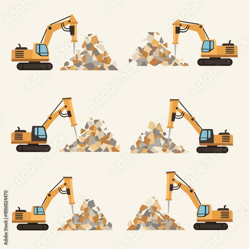 Powerful Hydraulic Breaker Excavators Engaged In Heavy Demolition Work Creating Piles Of Rubble On