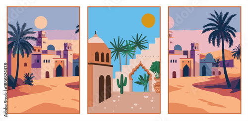 Modern boho Moroccan desert town triptych. Minimalist Arabic architecture with palm trees and sun in pastel earthy tones vector illustration.